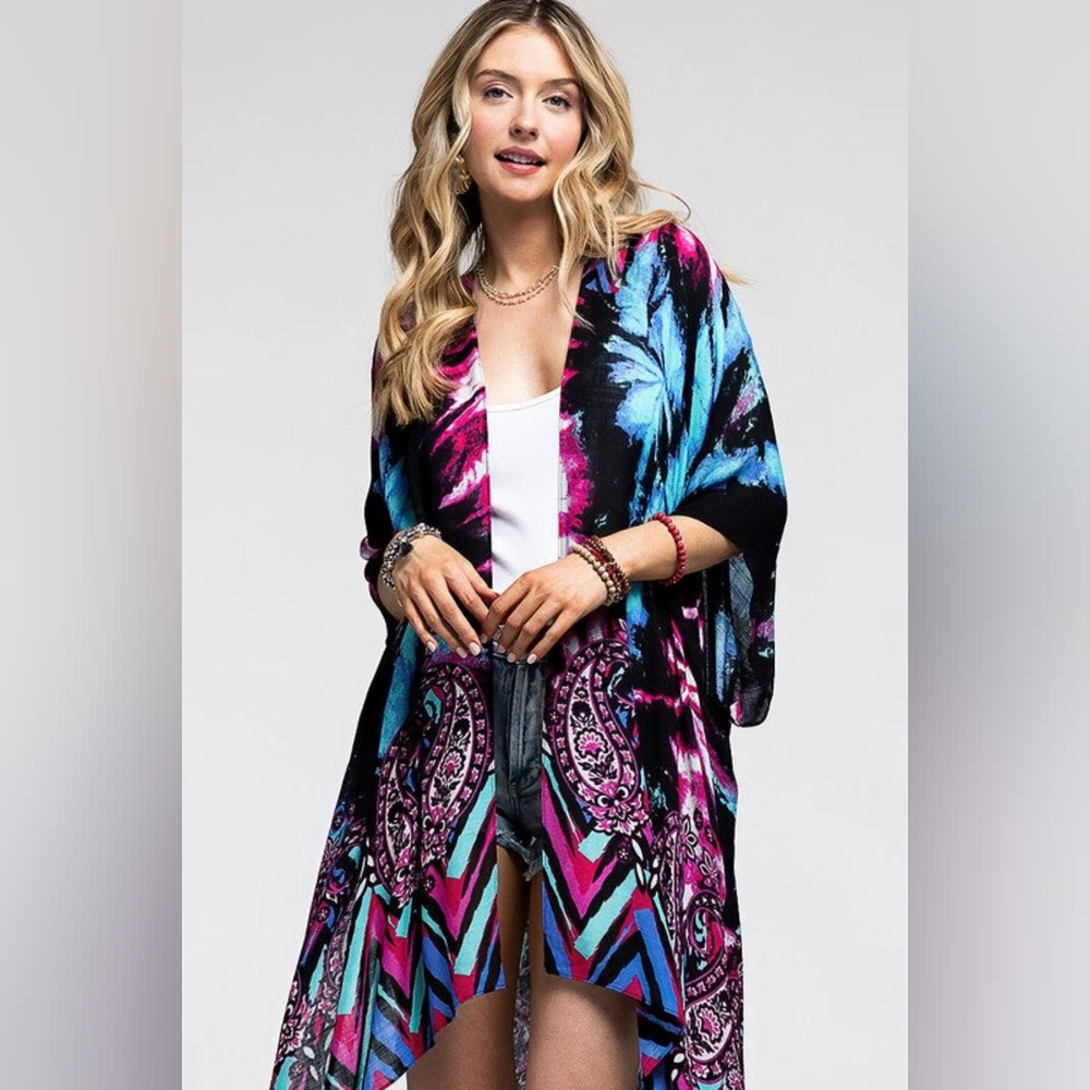 Vibrant Cosmic & Paisley Kimono - Psychedelic Colors - Lightweight Silky Fabric